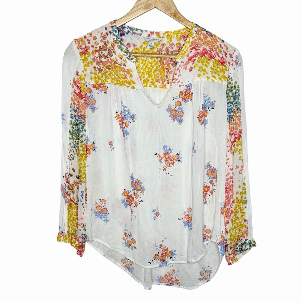 Lucky Brand Rainbow Floral Gauze Top Womens M Boho Coastal Colorful Sheer Artsy